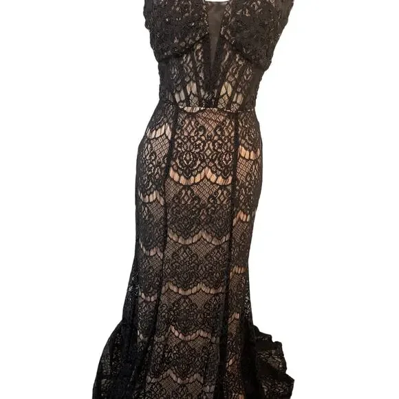 Black Lace Gown 5 Corset Nude Lining Formal Whimsigoth Witchy Vampire Romantic - Picture 5 of 13